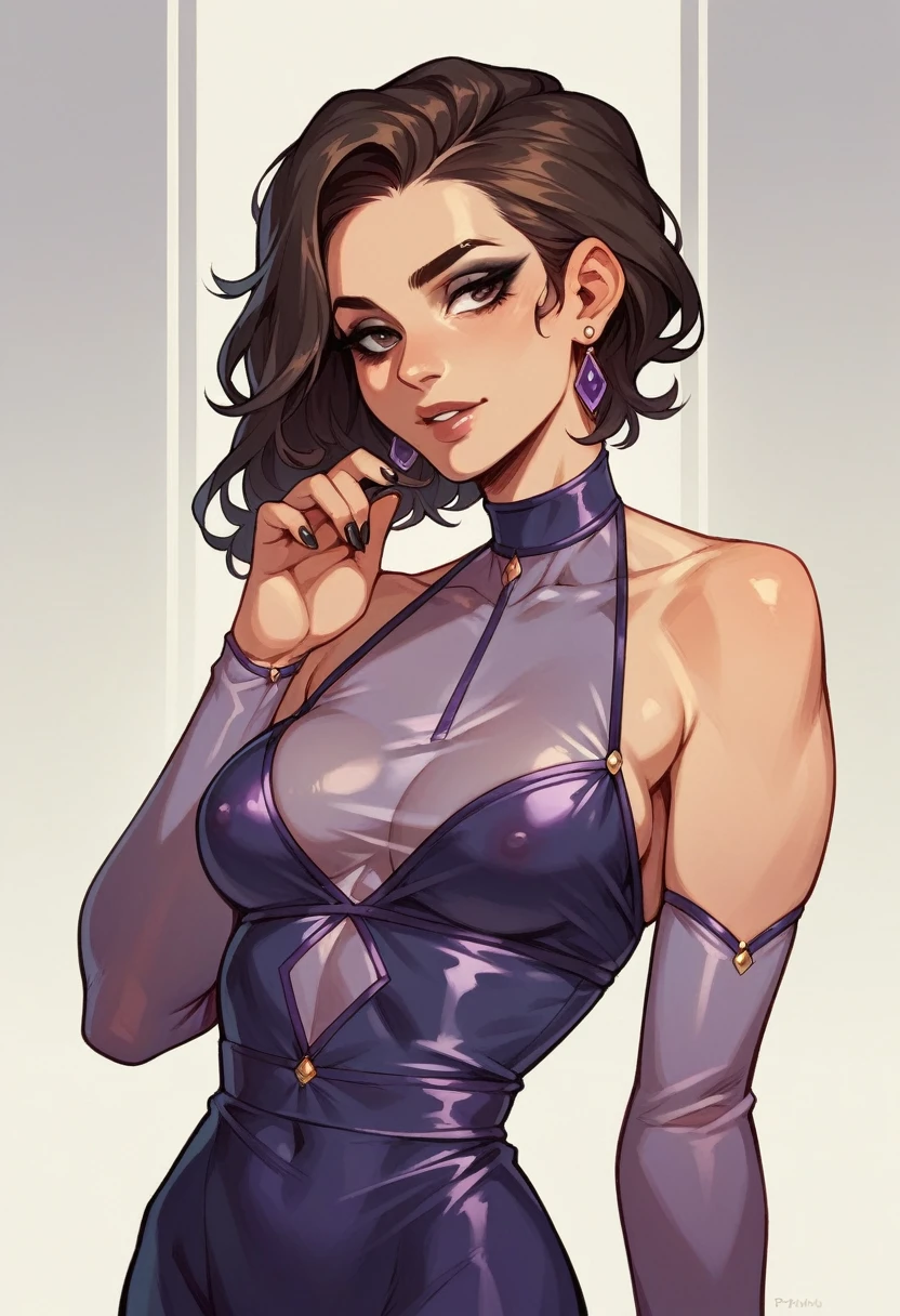 1girl, medivial, solo, persian, purple transparent sexy clothes, makeup, beautiful, black eyeliner, dark brown hair, thin hair