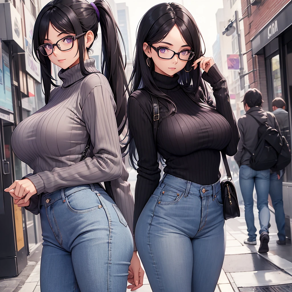 A girl with black hair and gray eyes and glasses in a purple turtleneck sweater with jeans with big breasts and a big ass