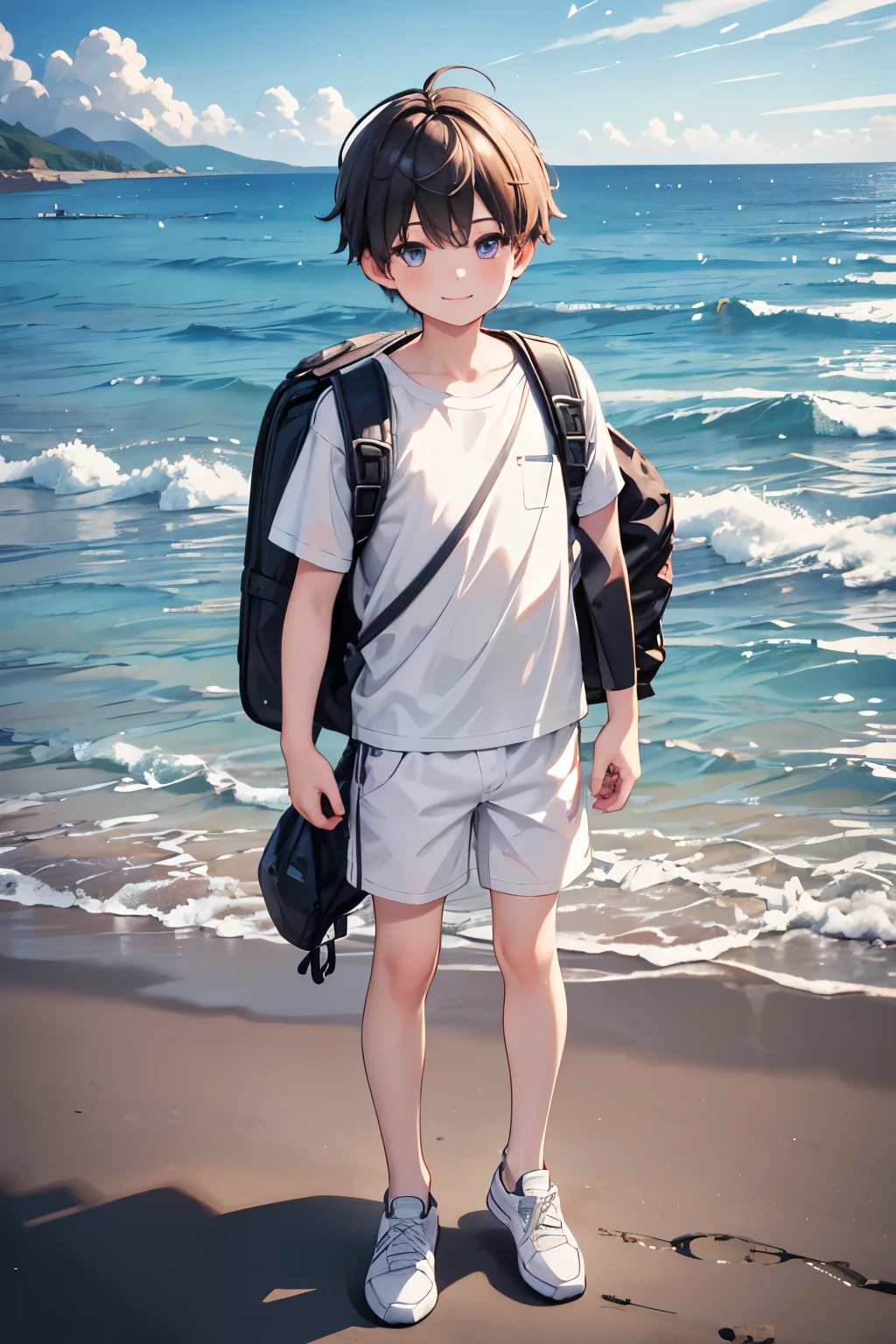 masterpiece, best quality, high resolution, extremely detailed, detailed background, cinematic lighting, 1boy, young man, looking at viewer, beach, white t-shirt, boxer shortpants , smile, wearing backpack, (backpack:1.0), travel backpack, standing, fullbody, day, sunlight