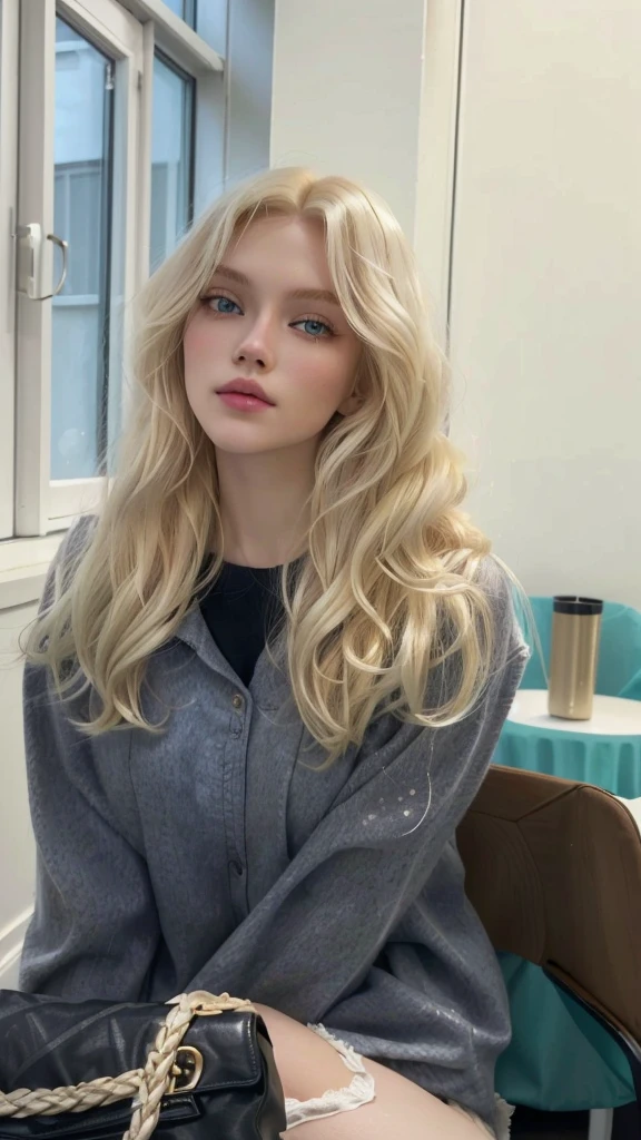 blonde woman sitting on a chair with a bag in her hand, fair skin curly blonde hair, a girl with blonde hair, her hair is white, with long blonde hair, extremely light blonde hair, long platinum blonde hair, yelena belova, Anna Nikonova aka Newmilky, very light blonde hair, with very long blonde hair, a gorgeous blonde