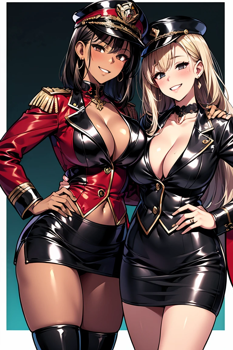 Two Girls, Couple, bangs, salute, Hands on hips, Gold earrings, Large Breasts, jewelry, military cap, (uniform), (epaulet), Jacket, Harness, Thigh straps, Black thigh-high boots, (Pencil Skirt), mini skirt, corruption, (Dark skinned women, Dark Skin:1.3), Hollow Eyes, Half-closed eyes, Wicked Smile, No students, Grin, ((Mature Woman)), Mature Woman, Married women, (Dark Theme:1.2), Dark person, Huge Saggy Tits, Skin Dentition, Chubby, Sensual, Thick thighs, Wide Hips, from the front, (chromatic aberration, Intricate details), Dynamic Angle、Grin、With a creepy smile, A smile with downturned corners,Open your chest wide