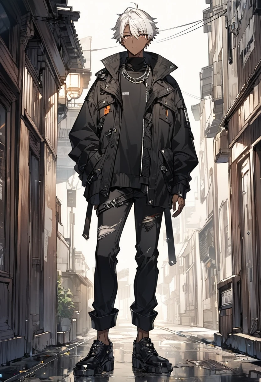a anime man, dark skinned, white short hair, dark brown eyes, wearing a black jacket, standing, full body, thin body, wearing a black jeans pants