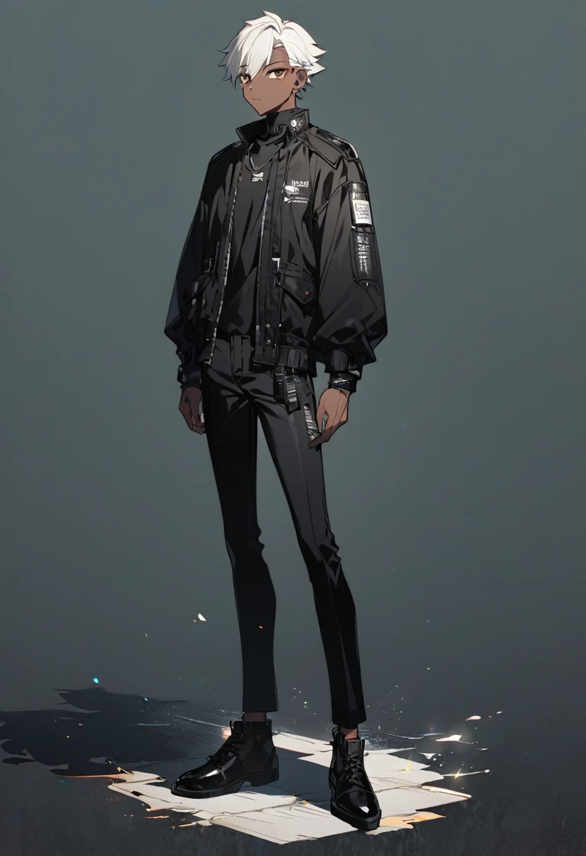 a anime man, dark skinned, white short hair, dark brown eyes, wearing a black jacket, standing, full body, thin body, wearing a black jeans pants
