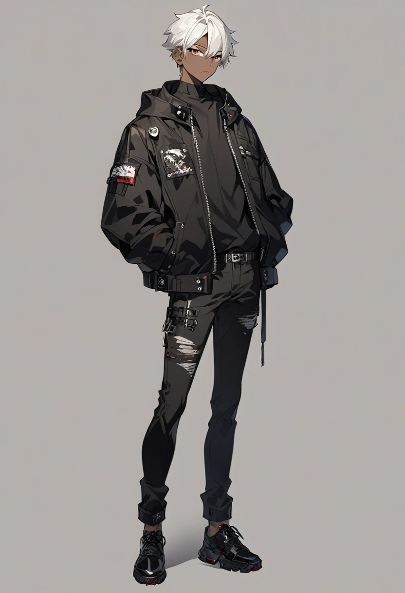 a anime man, dark skinned, white short hair, dark brown eyes, wearing a black jacket, standing, full body, thin body, wearing a black jeans pants