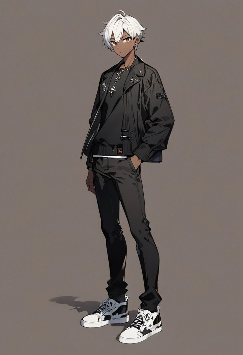 a anime man, dark skinned, white short hair, dark brown eyes, wearing a black jacket, standing, full body, thin body, wearing a black jeans pants
