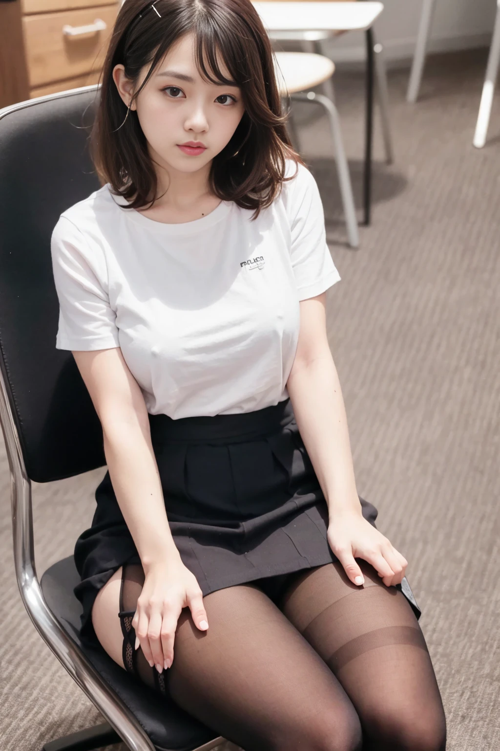 Ulzzang-6500-v1.1, (RAW photos:1.2), (realistic), (really:1.4), 1girl、very pretty girl、21 years old、game_nffsw, eye for detail, shy smile、business fashion、business suit、thighs and skirt、sit on a chair、Working、(very realistic pantyhose:1.2), Curly hair、realistic skin texture、glowing skin、exposed thighs!!! , assembly、eye shadow、