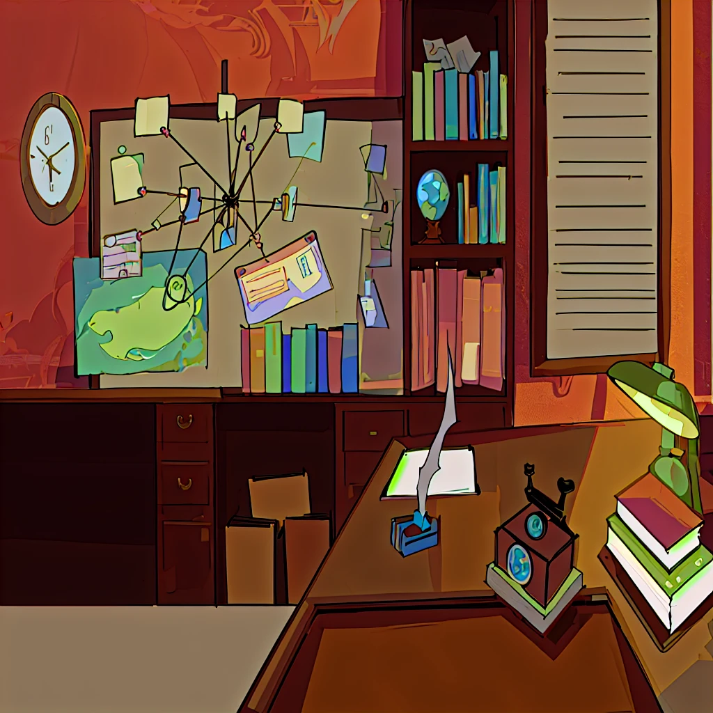 cartoon illustration of a desk with a lamp, books, and a clock, office background, 1970s Office Background, interior art background, magic laboratory background, alchemist library background, library background, Personal room background, classroom background, alien room background, mysterious laboratory, art background, random background scene, Background of the volcanic workshop, laboratory background, Library interior background