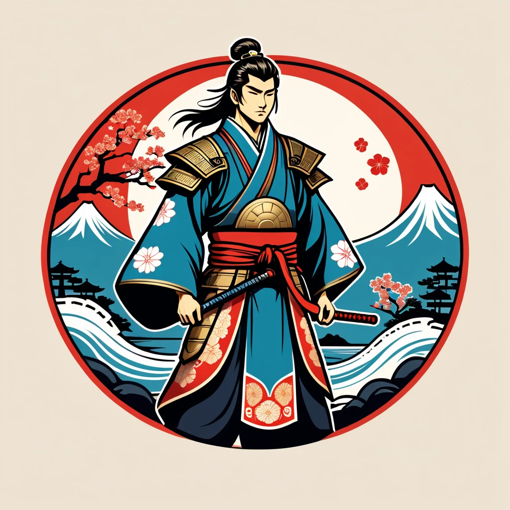 paladin in japanese folk outfit, vector graphics, strong contours, logo design