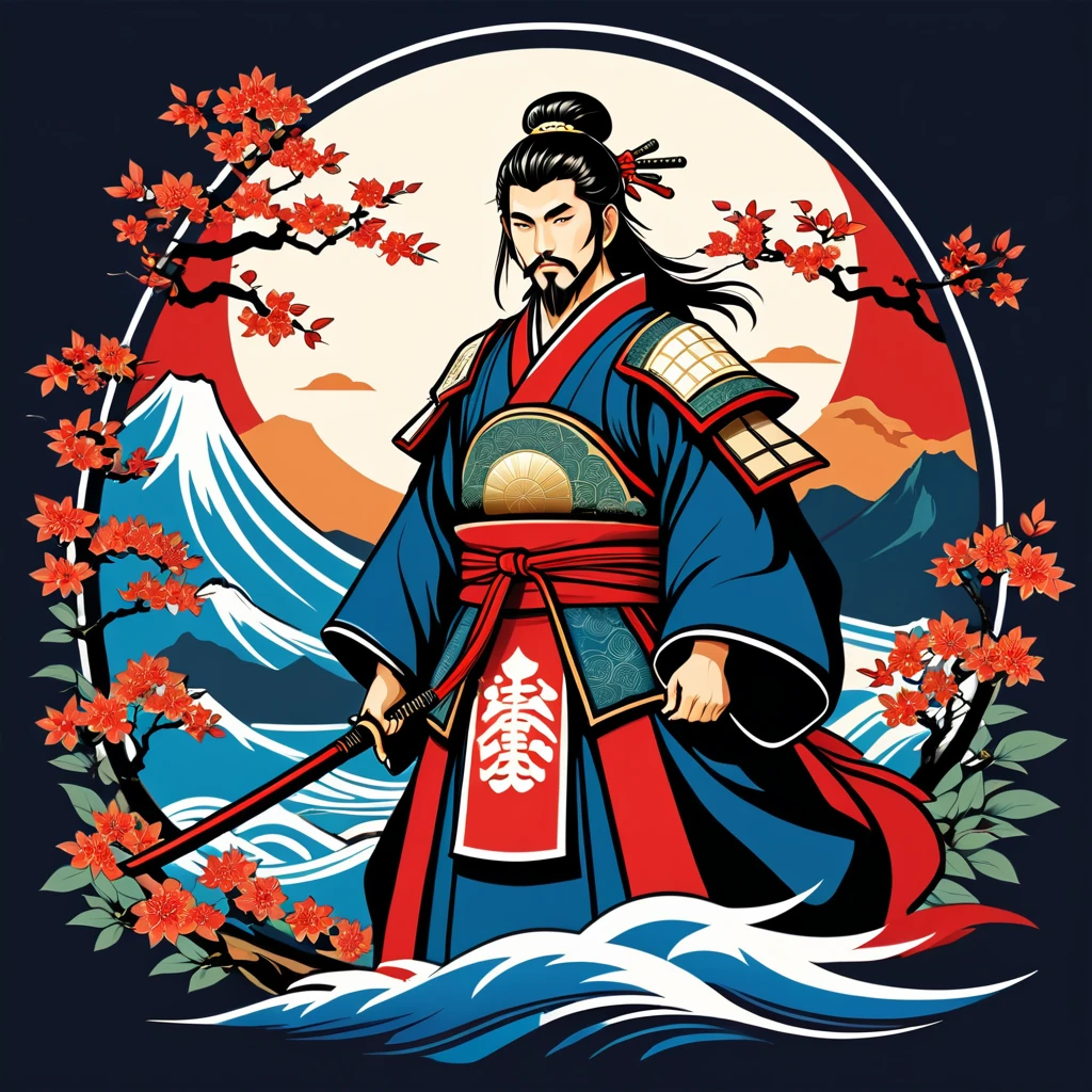 paladin in japanese folk outfit, vector graphics, strong contours, logo design