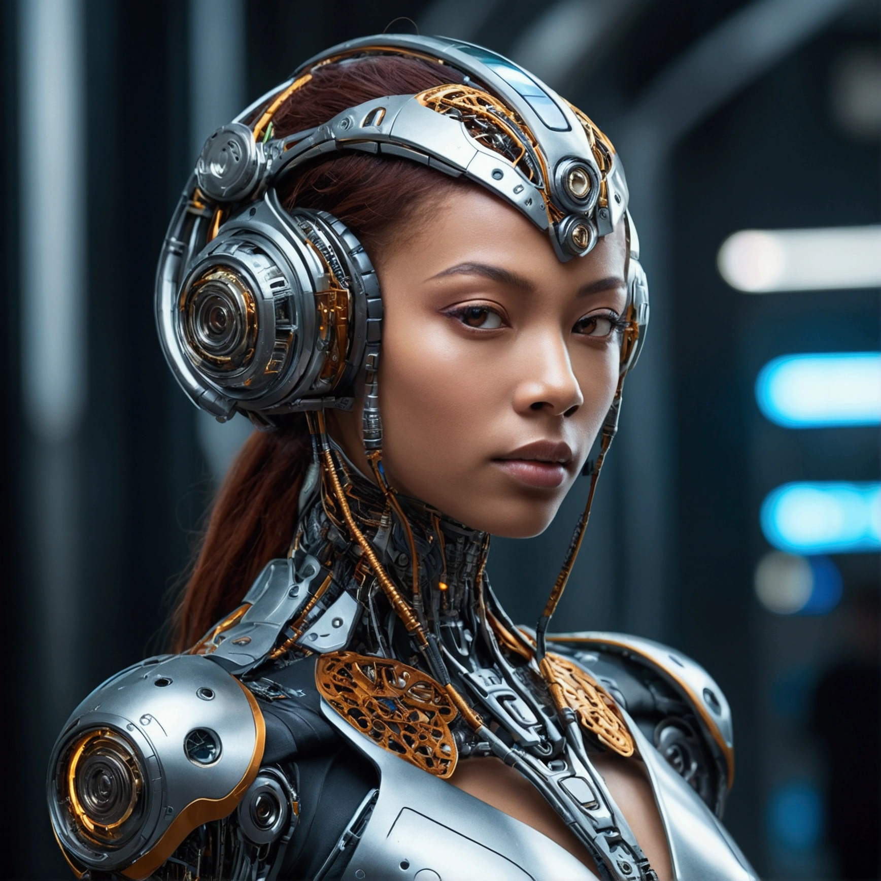 "A stunning, high-resolution photo capturing the essence of a futuristic cyborg with intricate details and dynamic angles."