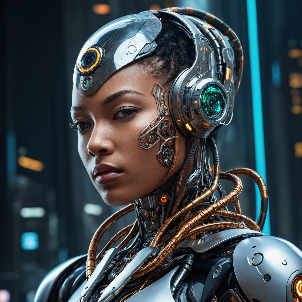 "A stunning, high-resolution photo capturing the essence of a futuristic cyborg with intricate details and dynamic angles."