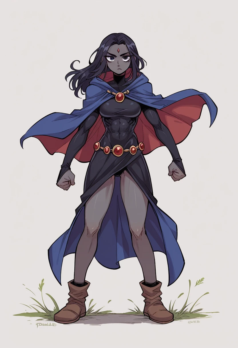 1 adult girl, Raven, black skin black leotard, black cloack, hooded cloak, knee-length Greek skirt, booties, long hair, wavy black hair, forehead jeauel, purples eyes, medieval belt, firm skin, standing, toned, breastsout, battle pose, (posando)), Lines of movement, portraite, b&au. Contour, whole body