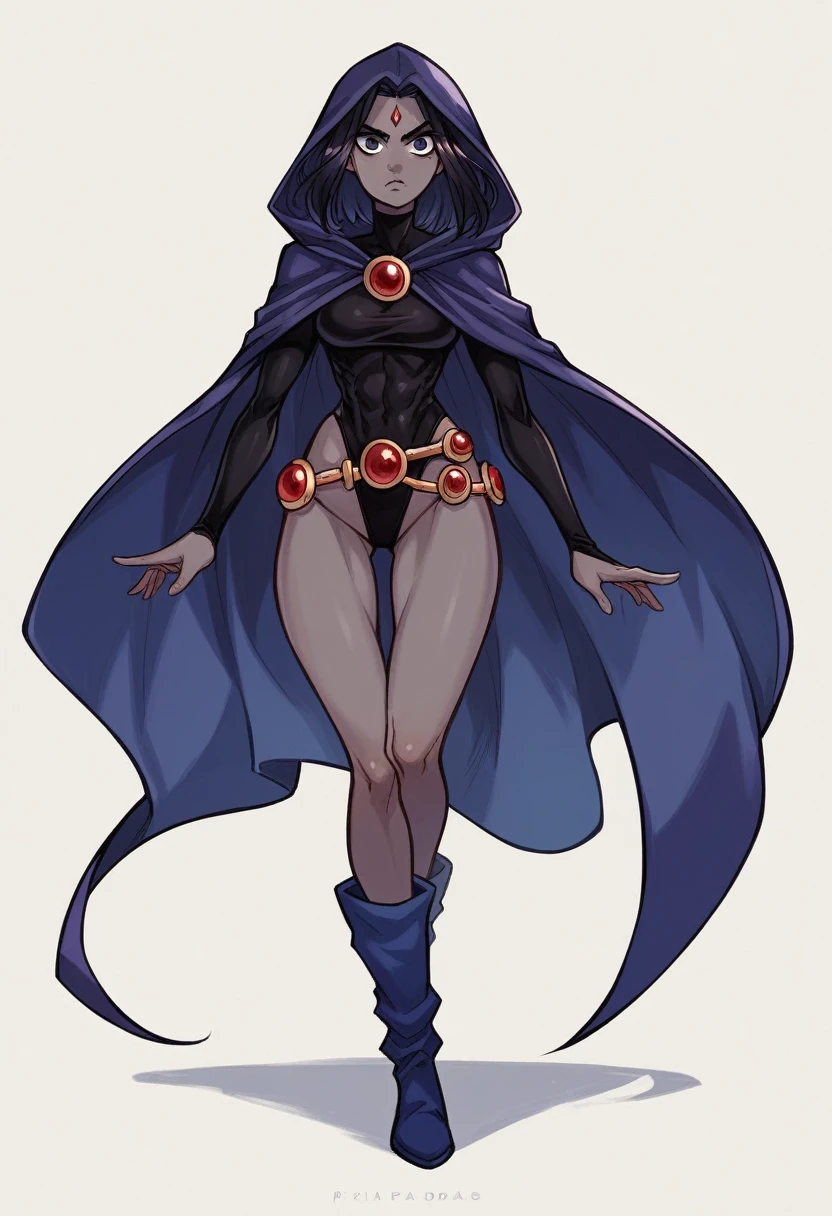 1 adult girl, Raven, black skin black leotard, black cloack, hooded cloak, knee-length Greek skirt, booties, long hair, wavy black hair, forehead jeauel, purples eyes, medieval belt, firm skin, standing, toned, breastsout, battle pose, (posando)), Lines of movement, portraite, b&au. Contour, whole body