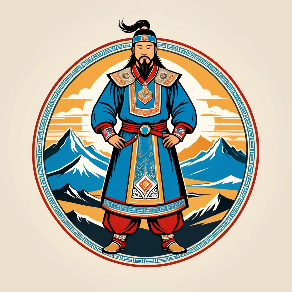 paladin in mongolian folk outfit, vector graphics, strong contours, logo design