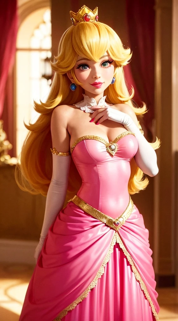 (Inside a castle setting,) A Princess Peach wearing the tiniest skirt in the world, pink polka dotted panties, she is gentleand compassionate and is shown smiling gently, she wears a golden crown atop her blond hair and white gloves. She is a tall, extremely beautiful young princess with a fair skin complexion, light blue eyes, dark yellow eyebrows, and a small nose. She has six long eyelashes on each eye as well as dark eyeliner. Her lips are round with pink lipstick. With a focus on her alluring chest, she is depicted in a close-up shot from below. She is smiling in a full body shot