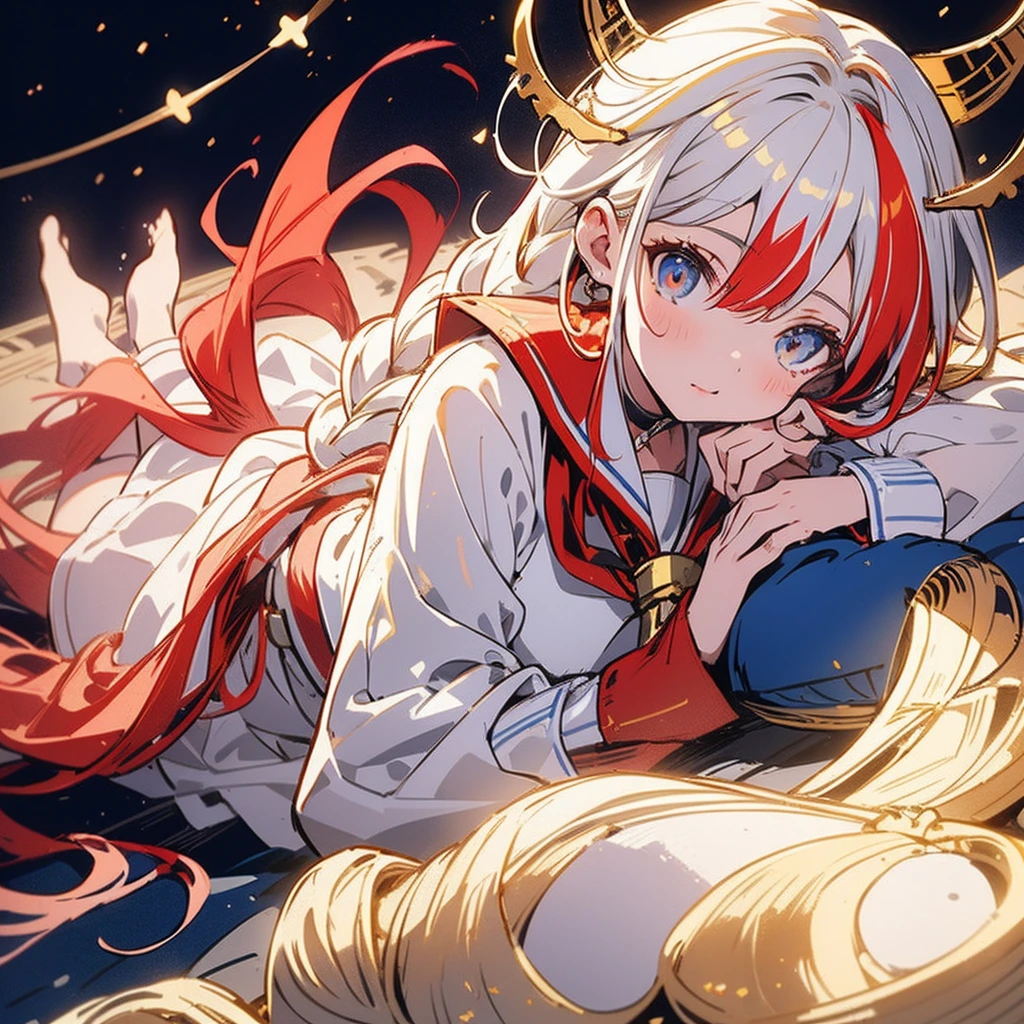 masutepiece++, Best Quality++, ultra-definition++, ultra-definition++, rey tracing, 4K or more++, 8K or more++, Slight details, (Background Focus )++,Young woman with golden laurel wreath, (((Ultramarine hair))), (((White dip dyed hair))), (((red streaked hair))),sailor,Sailor collar,White shirt, skirt by the,anchor,