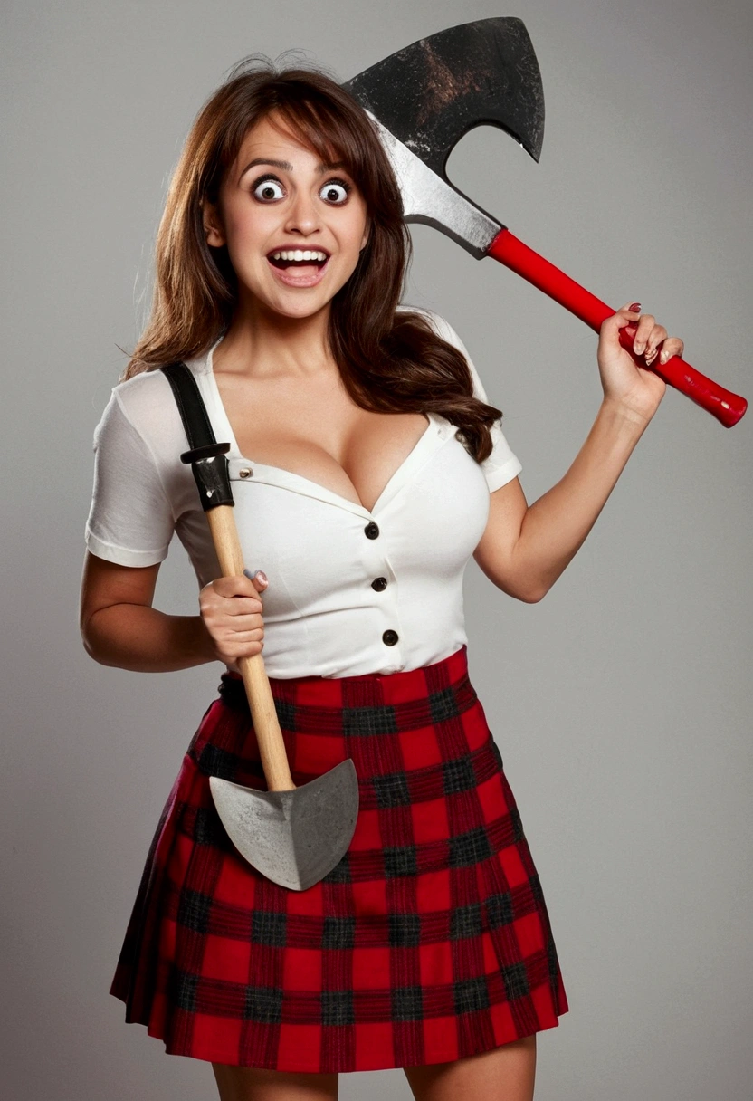 Woman 1.58 meters, big eyes wide open, Lost look, exaggerated smile, fake smile, teeth visible, crazy face, Great cleavage, by rubio, licking his lip, sexy body, very small mini skirt, holding an ax in his hand