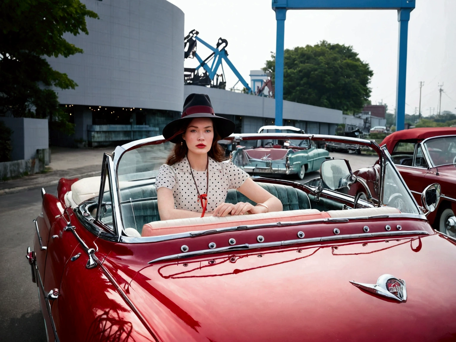 a women with long, dark, wavy hair in the 1950s in a Polka Dot dress inside of a convertible Cadillac