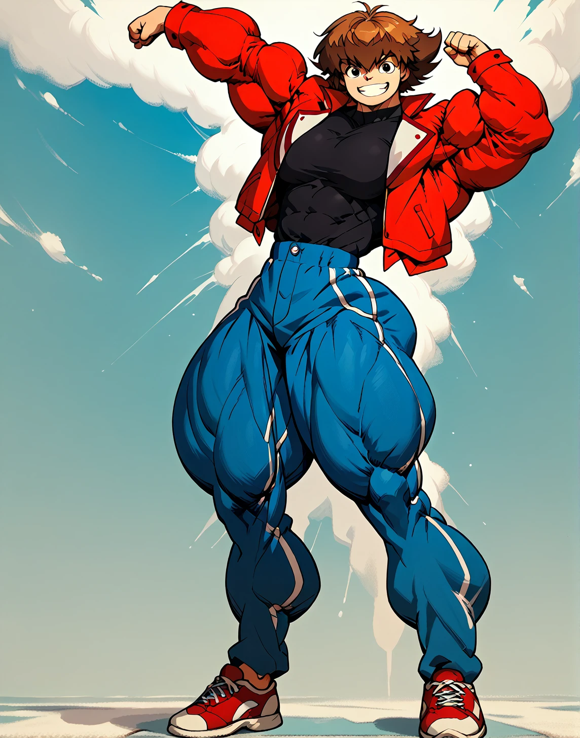 alone, Whole body,smiling , muscular, hypermuscle, huge muscle, big muscles, pectoral muscle , 1 chico  , big pecs , muscular thighs, muscular glutes  , young , cheered up , yu give oh! , jaden yuki  , black shirt, Red jacket, blue pants, Red shoes, Brown hair , pokkuti , hyper
muscular