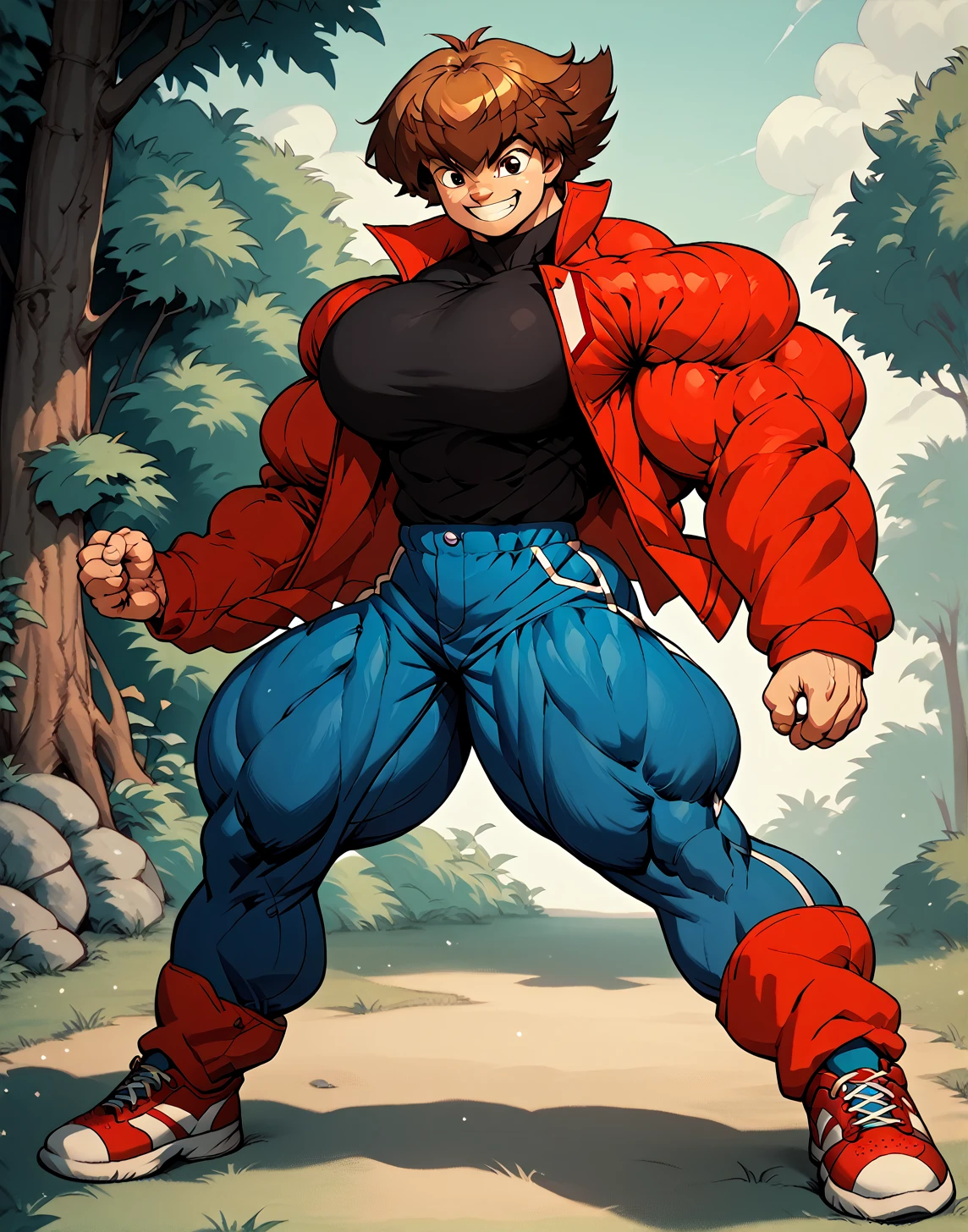 alone, Whole body,smiling , muscular, hypermuscle, huge muscle, big muscles, pectoral muscle , 1 chico  , big pecs , muscular thighs, muscular glutes  , young , cheered up , yu give oh! , jaden yuki  , black shirt, Red jacket, blue pants, Red shoes, Brown hair , pokkuti , hyper
muscular