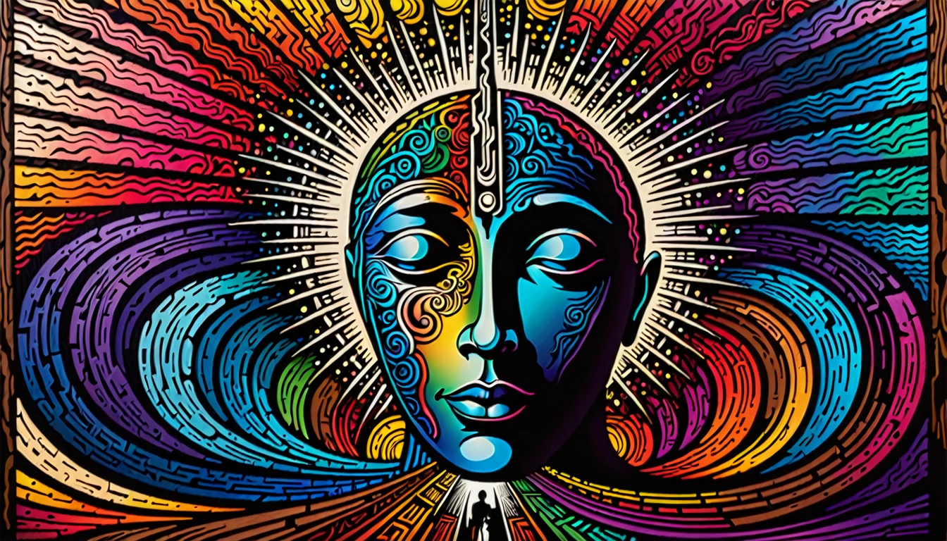 Create a surreal woodcut-style digital image with vibrant colors, Centered on a person experiencing feelings and visions of déjà vu. The image should evoke a spiritual and introspective atmosphere, with elements that highlight the connection between past and present.