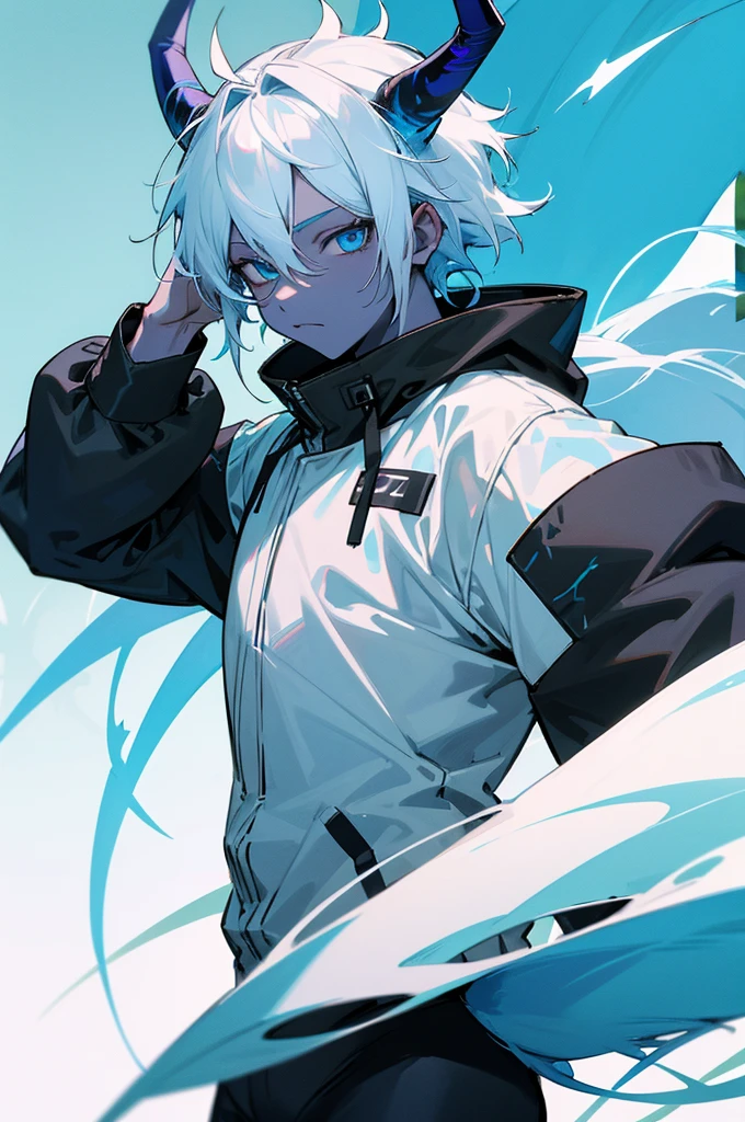 1male, black and blue skin color, white hair ,small horns, with a tail, Jump jacket, Forest background