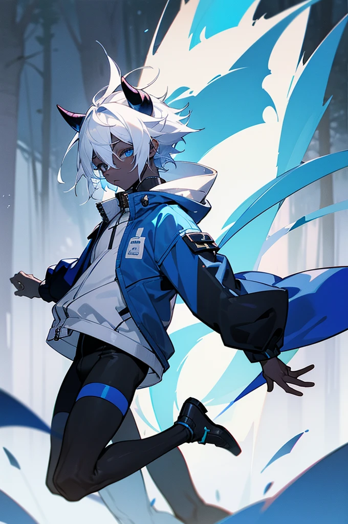 1male, black and blue skin color, white hair ,small horns, with a tail, Jump jacket, Forest background