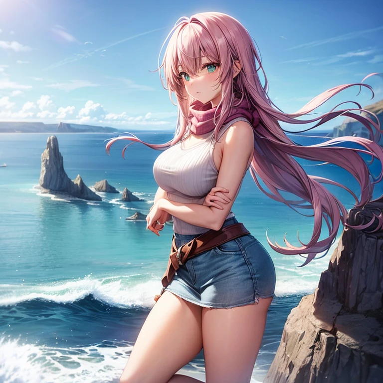 Generate an 18-year-old anime girl with waist-length pink hair with bangs, large jade green eyes, and a fair complexion. She has medium breast size, thin thighs, is curvy, and thin. She is dressed in a cozy, knitted sweater in shades of soft pink and cream, paired with fitted jeans and sturdy hiking boots. A light, pastel-colored scarf is draped around her neck. She is standing alone on a cliff in Iceland, gazing out at the vast, icy-blue sea below. The wind gently blows her pink hair and scarf, adding a sense of movement. The dramatic cliffs and rugged landscape of Iceland surround her, with the sea crashing against the rocks far below. The sky is a mix of soft blues and grays, reflecting the chilly, yet beautiful atmosphere. Her expression is one of awe and tranquility, reflecting her admiration of the breathtaking view.