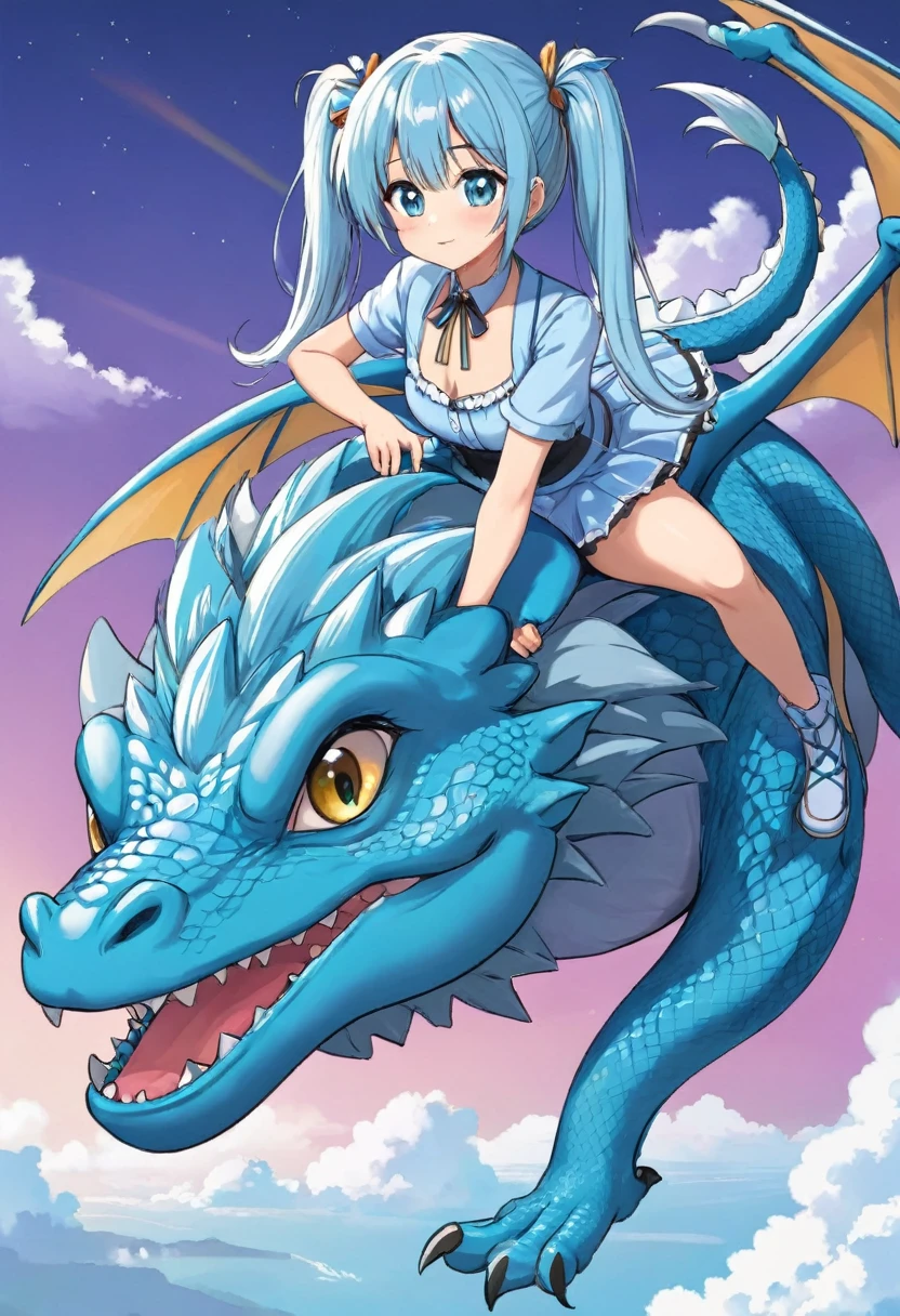 Beautiful girl riding a dragon　Light blue long hair　Twin tails 