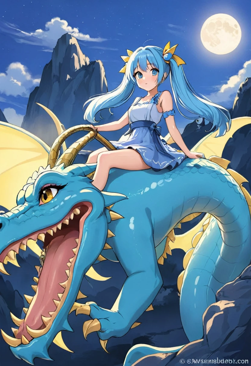 Beautiful girl riding a dragon Light blue long hair Twin tails