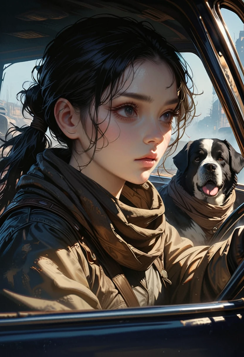 A woman with straight black hair in a ponytail, black eyes, wearing old post-apocalyptic clothing, scarf, gloves, goggles, sitting in an old car, next to a Saint Bernard dog, detailed portrait, highly detailed, masterpiece, photorealistic, illustration, digital painting, dramatic lighting, muted colors, post-apocalyptic, dystopian, gritty, cinematic