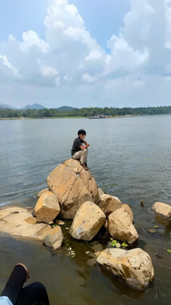 A boy sitting on the rock with black t shirt and beige pants. 