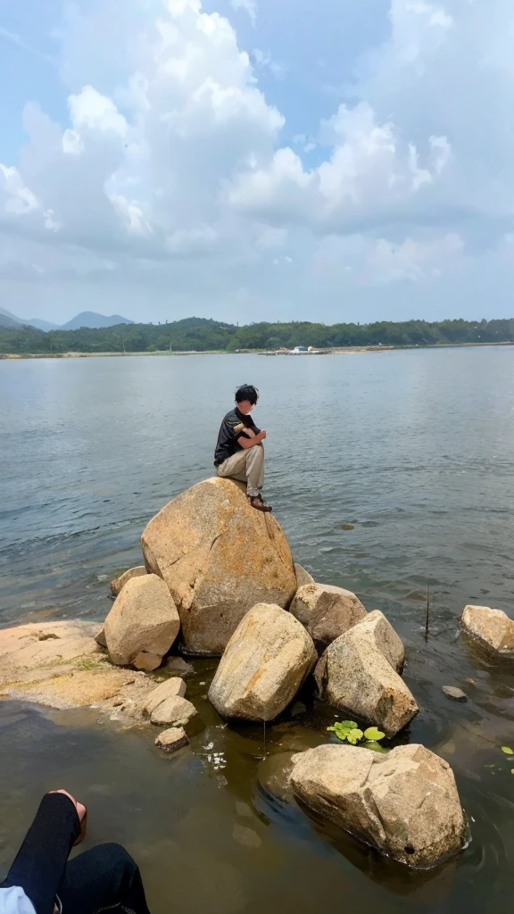 A boy sitting on the rock with black t shirt and beige pants.