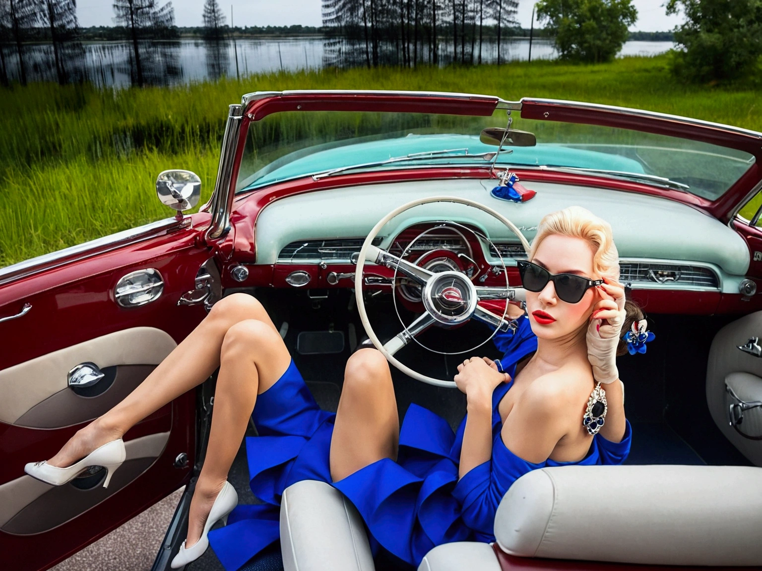 a women with long, dark, wavy hair in the 1950s inside of a convertible Cadillac