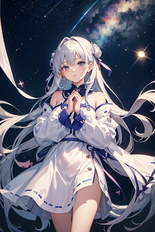 masterpiece, Highest quality, High resolution，Follow the on-screen instructions、Anime Style、Follow the prompts、One Girl、Long silver hair、、Wish、Close your eyes, clasp your hands, and bend your elbows、shooting star、Night Sky