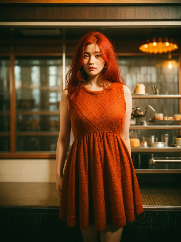 full body shot, Best quality, a 20y chubby mongolian women, wearing (bohemian woolen dress:1.3), big breast, (redhead:1.3) hair blowing in the wind, moody atmosphere, sunlight exposure, beautiful shadow, intricate posing in the (hongkong cafe:1.4), kodacrhome, cinematic, natural, perfect direct of photography, realistic face and eyes, realistic skin, ultra highly detailed, sharp focus, beautiful film bokeh, surreal view, candid style, shot by zenit camera with 35mm lens, Portrait by annie leibovitz