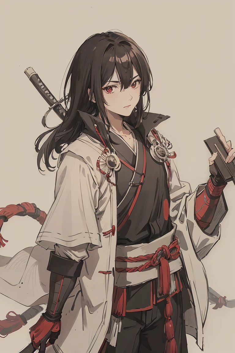 sparrow, a black haired men, wearing a red samurai armor, medium hair, samurai armor, slim body, shirt ornament, hakama, men, handsome face, tall 187cm, 25yearold