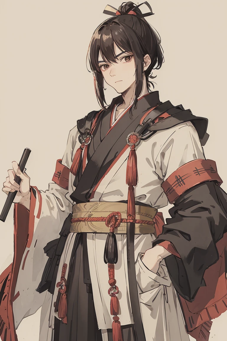 sparrow, a black haired men, wearing a red samurai armor, medium hair, samurai armor, slim body, shirt ornament, hakama, men, handsome face, tall 187cm, 25yearold
