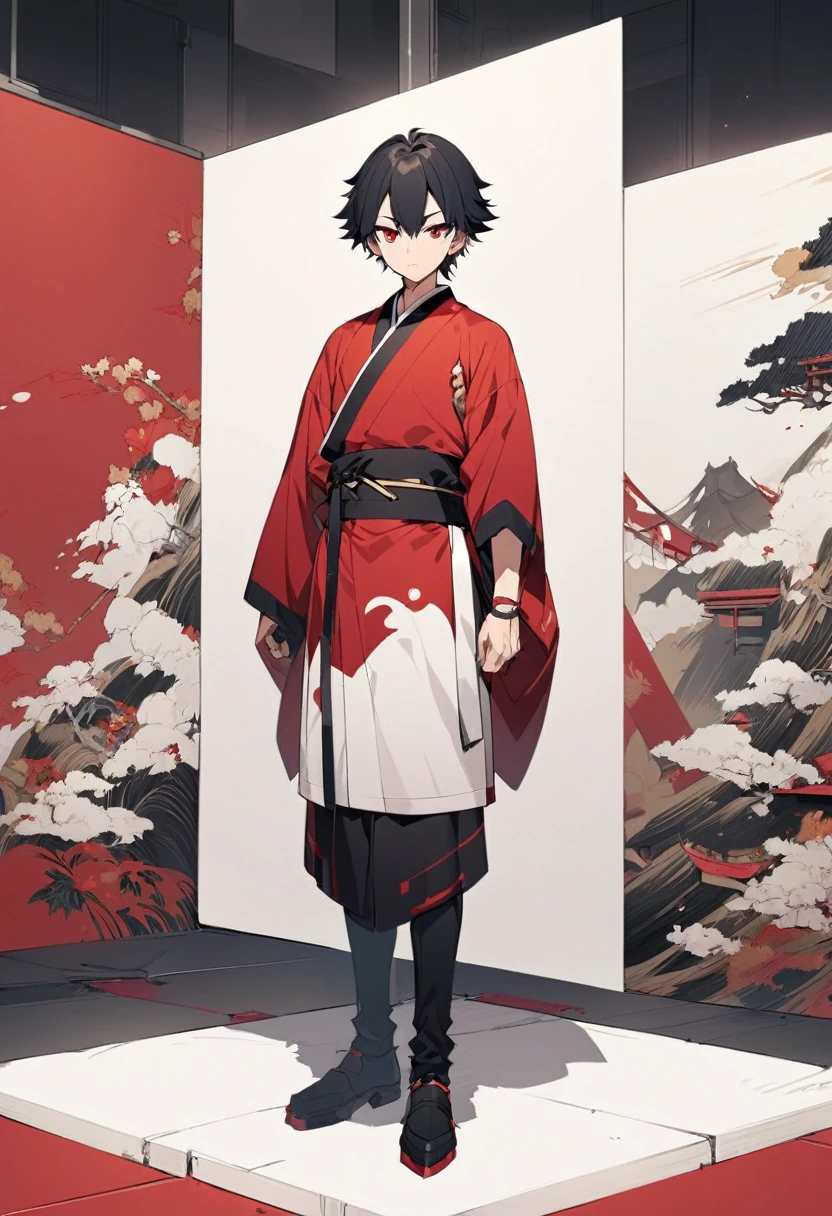 A anime man, black short hair, mullet haircut split in the middle, red eye, black and red kimono, standing, full body, 22age, slightly muscular body, blank scenery