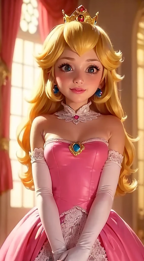 (Inside a castle setting,) A  Princess Peach wearing the super duper tiniest skirt in the world, pink polka dotted panties, she is gentleand compassionate and is shown smiling gently, she wears a golden crown atop her blond hair and white gloves. She is a tall, extremely beautiful young princess with a fair skin complexion, light blue eyes, dark yellow eyebrows, and a small nose. She has six long eyelashes on each eye as well as dark eyeliner. Her lips are round with pink lipstick. With a focus on her alluring chest, she is depicted in a close-up shot from below. She is smiling in a full body shot