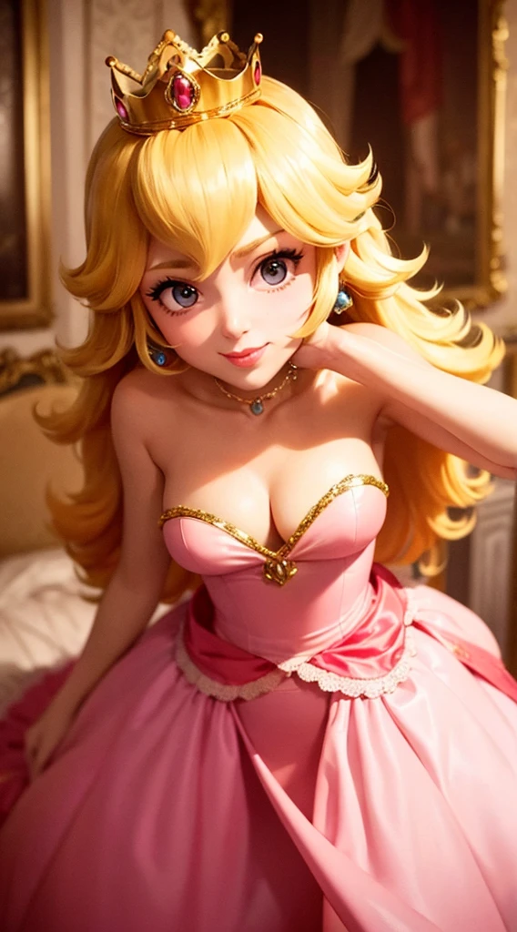 (Inside a castle setting,) A Princess Peach wearing the super duper tiniest skirt in the world, pink polka dotted panties, she is gentleand compassionate and is shown smiling gently, she wears a golden crown atop her blond hair and white gloves. She is a tall, extremely beautiful young princess with a fair skin complexion, light blue eyes, dark yellow eyebrows, and a small nose. She has six long eyelashes on each eye as well as dark eyeliner. Her lips are round with pink lipstick. With a focus on her alluring chest, she is depicted in a close-up shot from below. She is smiling in a full body shot