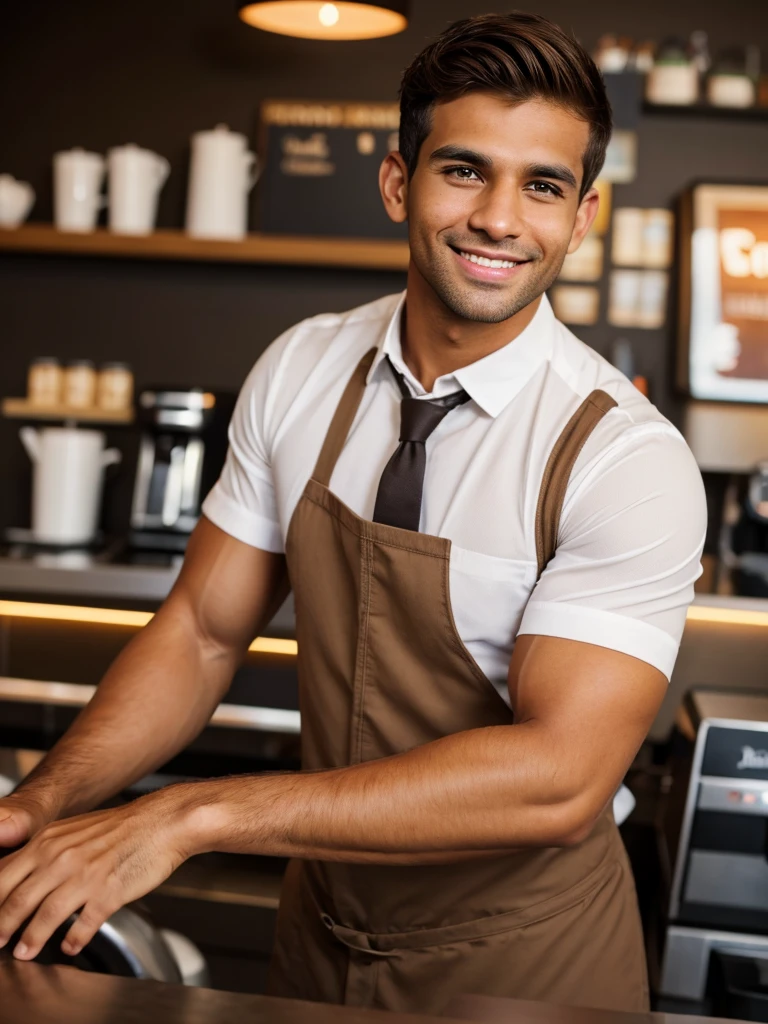 (best quality), 1boy, Male, 28 years old, tanned skin, brown hair, short hair, ruffled hair, swept bangs, brown eyes, perfect eyes, stubble, muscular, smile, handsome, strong jawline, Carlos Oliveira, broad, barista uniform, masterpiece, anatomically correct, highres
