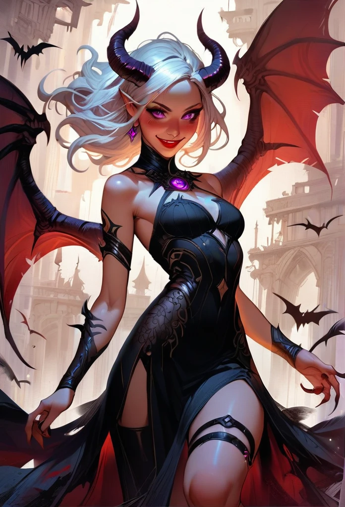 score_9, score_8_up, score_7_up, score_6_up, score_5_up, score_4_up,1girl, demon, dark dress, thigh strap, red lips, blush, smile, white hair, purple eyes,fantasy,solo focus,epic,little black horns, black wings, bat wings, purple eyes, human ears