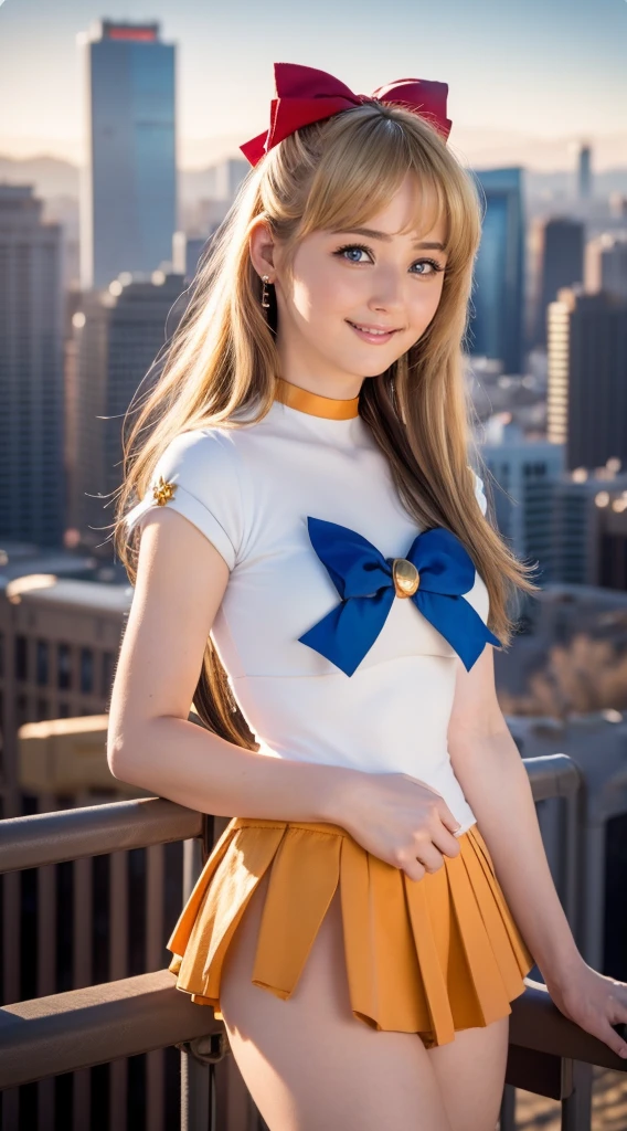 masterpiece, Highest quality, High resolution, Venus 1, One girl, alone, Sailor Warrior Uniform, Sailor Venus, aino minako, Blonde, Magical girl, blue eyes, Orange Skirt, Elbow hand pockets, tiara, Pleated skirt, Hair Ribbon, Orange sailor collar, mini skirt, choker, Red Bow, orange choker, White gloves, Very long hair,  jewelry,  Earrings, Cowboy Shot, smile,,More detailed 8K.Unreal Engine:1.4,超High resolution,La Highest quality:1.4, Realistic:1.4, Skin Texture:1.4, masterpiece:1.8,first work, Highest quality,Object Object], (Detailed facial features:1.3),(Fine hand:1.4),(Apocalyptic destroyed cityscape:1.4)