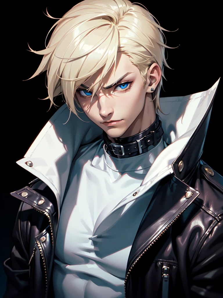(((Portrait Photo))), He has a Charismatic and Alluring Appearance of a ager, with a Lean and Muscular Build that Conveys Strength. His Short, Tousled Light Blonde Hair Adds a Touch of Wildness to His Look, Framing His Face with a Bold and Striking Flair. His Sharp Blue Eyes are Full of Confidence and Arrogance, Reflecting His Cocky and Fearless Nature. He is Dressed in a Leather Jacket Adorned with Silver Studs, Paired with a Simple White T-Shirt, Creating a Style that is Both Rebellious and Stylish. His Expression is Confident and Slightly Defiant, with a Hint of a Smirk, Conveying a Sense of Pride and Charm. (((High Quality, Dark Background))), (((Portrait Photo)))