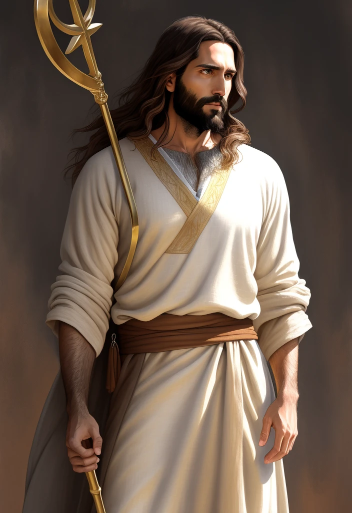 A beautiful ultra-thin realistic portrait of Jesus the prophet, a 33-year-old man Hebrew brunette, short brown hair, long brown beard, with staff in hand, wearing long linen tunic closed on the chest part, in front view, full body, biblical, realistic, Digital art, style, watercolor