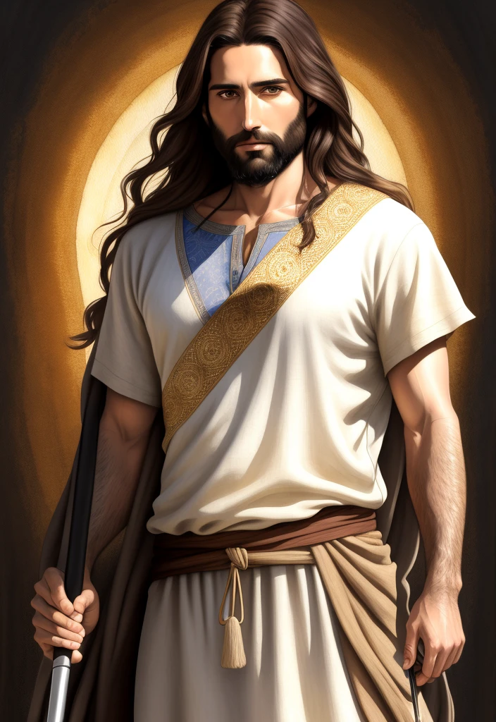 A beautiful ultra-thin realistic portrait of Jesus the prophet, a 33-year-old man Hebrew brunette, short brown hair, long brown beard, with staff in hand, wearing long linen tunic closed on the chest part, in front view, full body, biblical, realistic, Digital art, style, watercolor