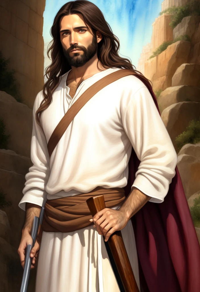 A beautiful ultra-thin realistic portrait of Jesus the prophet, a 33-year-old man Hebrew brunette, short brown hair, long brown beard, with staff in hand, wearing long linen tunic closed on the chest part, in front view, full body, biblical, realistic, Digital art, style, watercolor