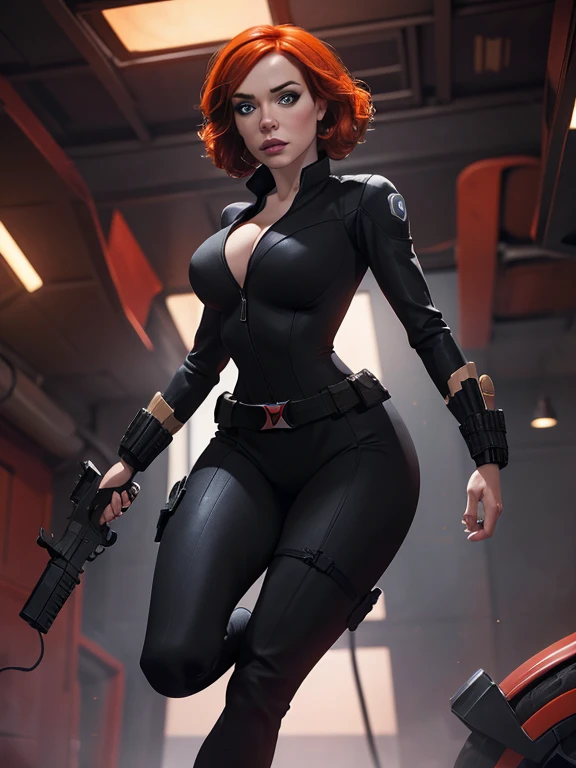 Create a dynamic 4K resolution full body portrait of Christina Hendricks as the character of Black Widow, the fierce Marvel superheroine. Visualize Christina Hendricks as Black Widow with her striking features: her short orange wavy hair. Her bright blue eyes, sharp and focused, should reflect her unwavering determination and strategic mind. She is 48 years old. Include Christina's sculpted cheekbones and slight wrinkles around the face. High-quality facial research of Christina Hendricks. Include Christina Hendricks large breasts. High-quality detailed research of Christina Hendricks voluptuous figure. Dress Christina Hendricks in the iconic Black Widow black tactical suit, with a huge bust the suit, featuring intricate details such as reinforced armor, gun holsters, utility belts, boots and the red hourglass symbol on her belt. The suit is so tight that Christina Hendricks breasts barely fit in it. The suit should appear sleek and functional, emphasizing her agility and combat prowess. Set the scene against the backdrop of a high-tech, futuristic environment, perhaps a S.H.I.E.L.D. headquarters or a cityscape at dusk, with neon lights casting dramatic shadows. Include elements such as holographic displays or glimpses of advanced technology to enhance the modern, action-packed atmosphere. The color palette should be dark and intense, with shades of black and deep reds, contrasted by the cool blues and silvers of the high-tech background, highlighting Black Widow's stealthy and formidable presence. Black Widow's expression should convey a blend of determination, focus, and a hint of vulnerability, capturing her complex character. Her gaze should be piercing and resolute, embodying her role as a master spy and a skilled combatant. This portrait aims to portray Christina Hendricks playing the role as the fictional character of Natasha Romanoff/Black Widow, capturing her iconic features and the high-stakes, action-packed world she inhabits in the Marvel universe
