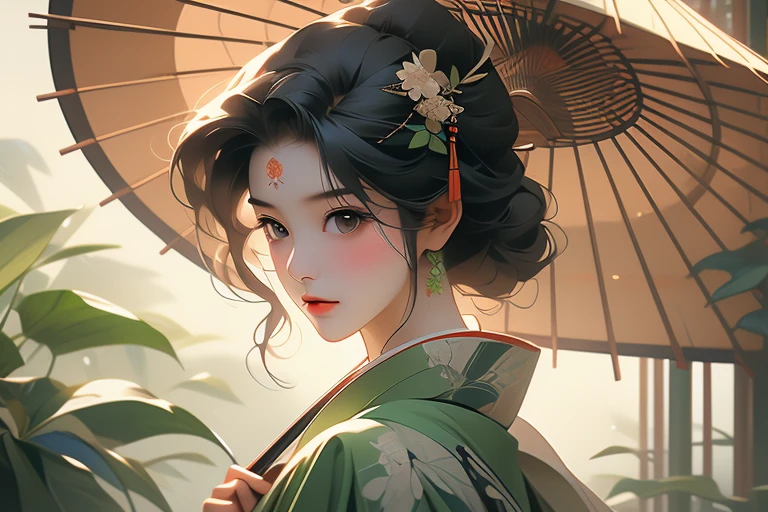 (Highest quality,8k,High resolution,masterpiece:1.2),((masterpiece,Highest quality)), High resolution with great detail, ((Background without umbrella)),araffe woman in kimono holding a green umbrella and a green plant, The body is front,A painting inspired by the bamboo leaves of Otake, shutterstock, Ukiyo-e, in kimono, Japanese women, wear Kimono, (Without an umbrella),(Highly detailed skin and facial textures:1.3), (Ultra detailed face),(Detailed arms),(Beautiful attention to detail),(Beautiful lip detail),Traditional Japanese, Young Japanese girl, wear Kimono, elegant Japanese women, Photographic portrait of a geisha, The Imperial Family&#39;s Wear Kimono, Japanese Kimono